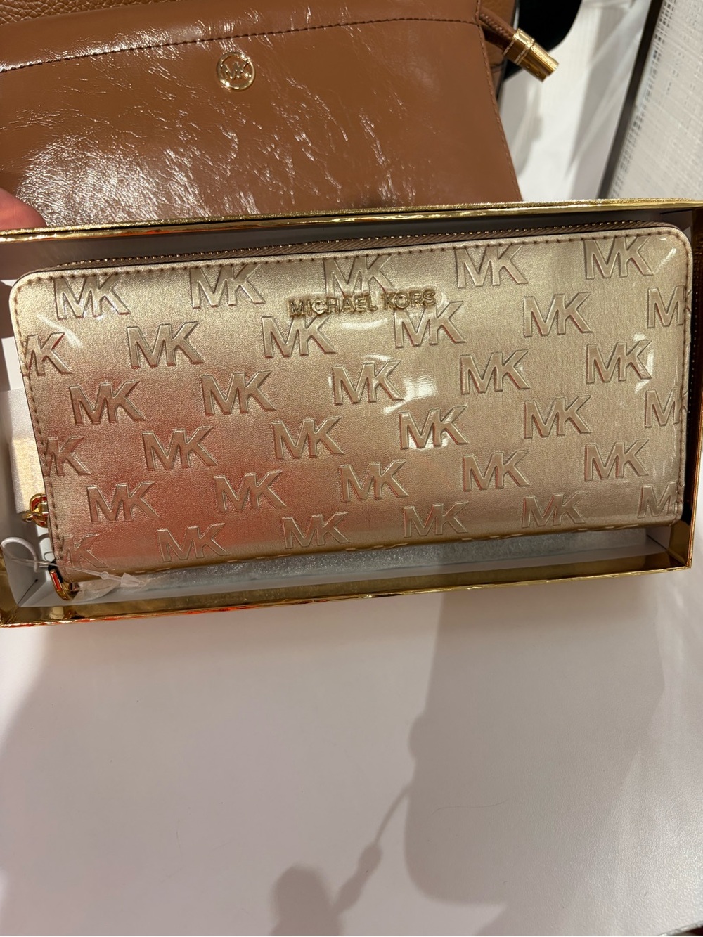 Michael Kors Metallic Gold MK Logo Zip Wallet-continental zip round new gift box